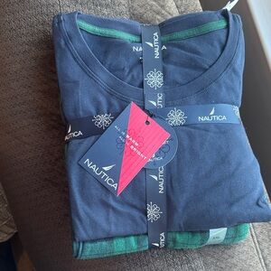 NWT- Nautica Navy Top with Green-Trimmed Plaid PJ Bottoms